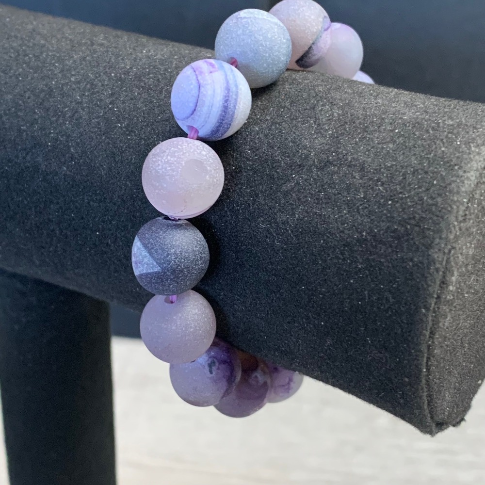 Frosted Purple Grey Agate Bead Stretch Bracelet Matte Natural Stone 4538